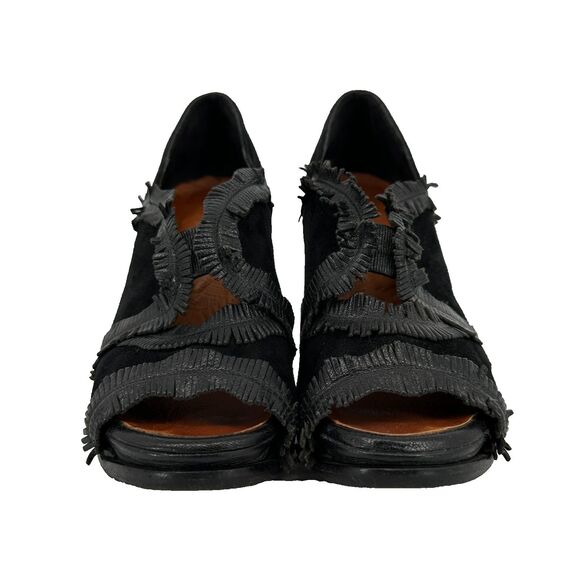 Chie Mihara 37 Black Suede Ankle Booties Fringe Peep Toe 3.5in Block Heel Boho - Picture 4 of 11